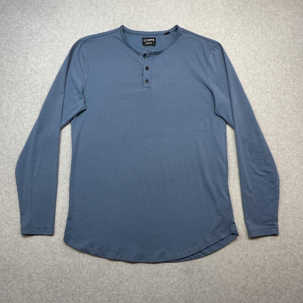 Cuts Henley Shirt Mens Medium Blue Curve Hem Long Sleeve Stretch Pyca Pro